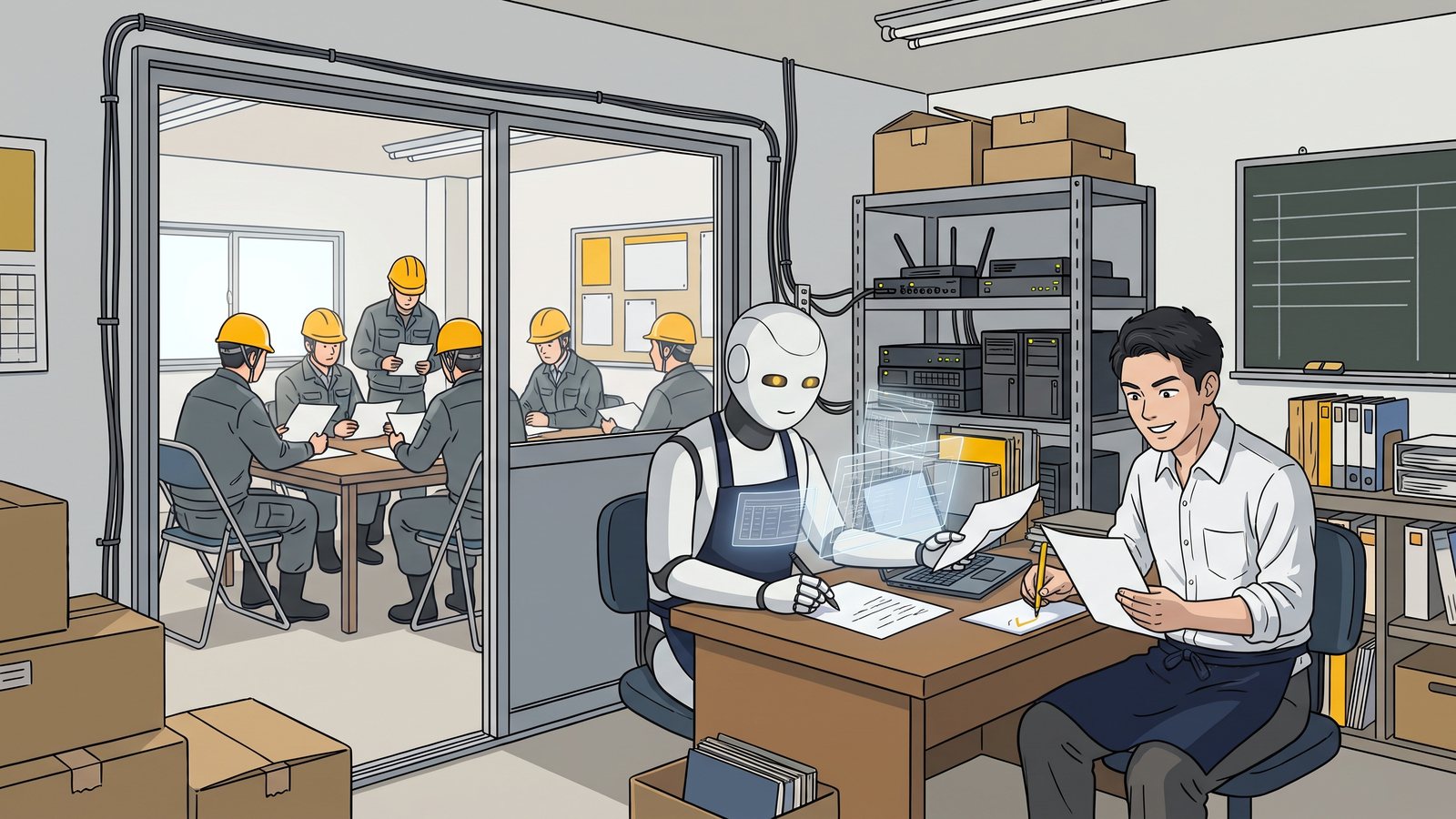 ガラスの向こうでは作業着の社員の皆さまが会議をしており、手前の部屋では前掛けをした AI のロボットが下書きを作り、隣の人の番頭がそれを読んで確かめている絵
