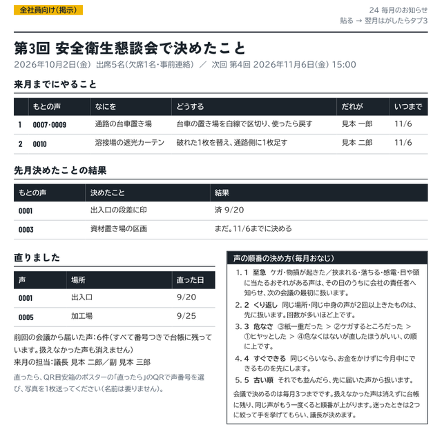 毎月のお知らせの見本。来月までにやること、先月決めたことの結果、直ったことが1枚にまとまっている